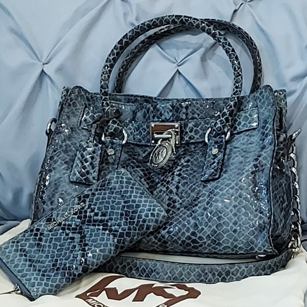 NWOT -Michael Kors Embossed Leather Blue/Black Python-Print Handbag & Wallet Set